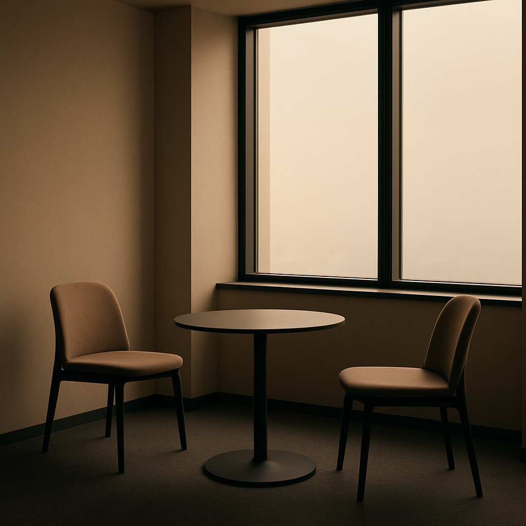 A quiet meeting nook with two chairs by a sunlit window